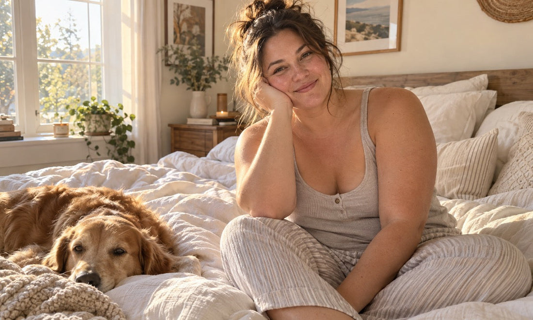 Woman with a fuller figure relaxing in neutral loungewear on a linen-covered bed in a warm, sunlit bedroom.