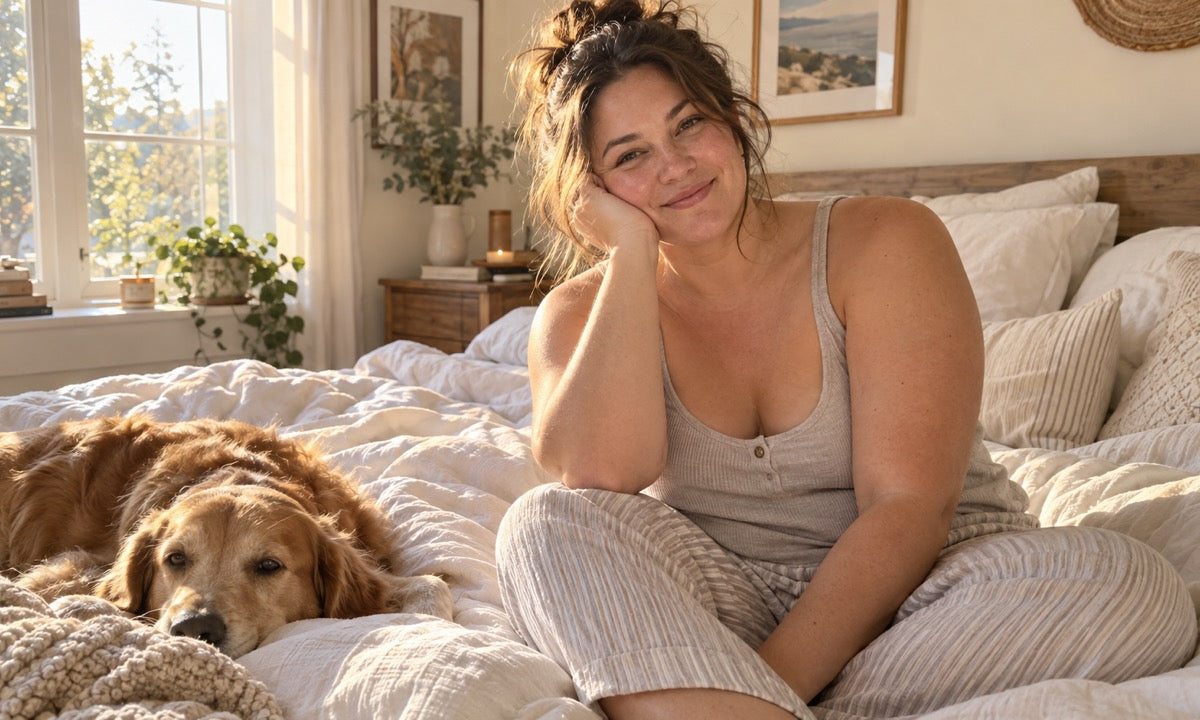 Woman with a fuller figure relaxing in neutral loungewear on a linen-covered bed in a warm, sunlit bedroom.