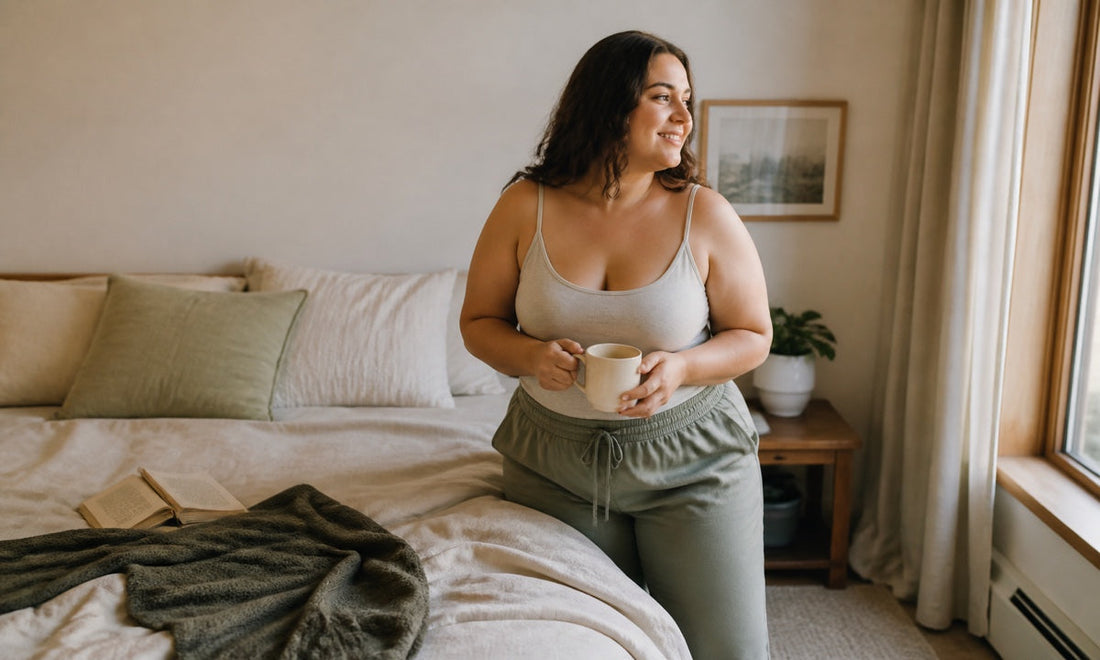 Plus-size woman in a soft grey cami and sage loungewear holding a mug in a sunlit bedroom