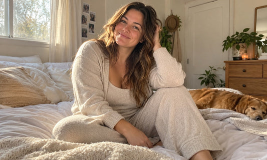 Woman with a fuller figure relaxing on a bed in neutral loungewear in a warm, sunlit bedroom