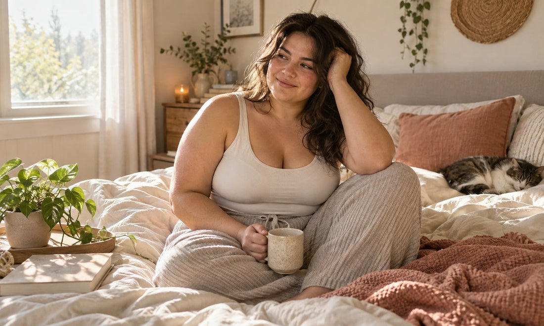 Woman in cozy loungewear relaxing on a bed with a mug in a warm, sunlit bedroom