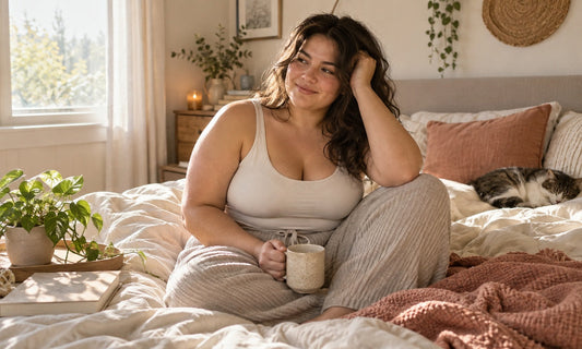Woman in cozy loungewear relaxing on a bed with a mug in a warm, sunlit bedroom