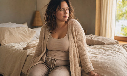 Woman in an open knit cardigan and soft loungewear sitting on a linen-covered bed in warm morning light
