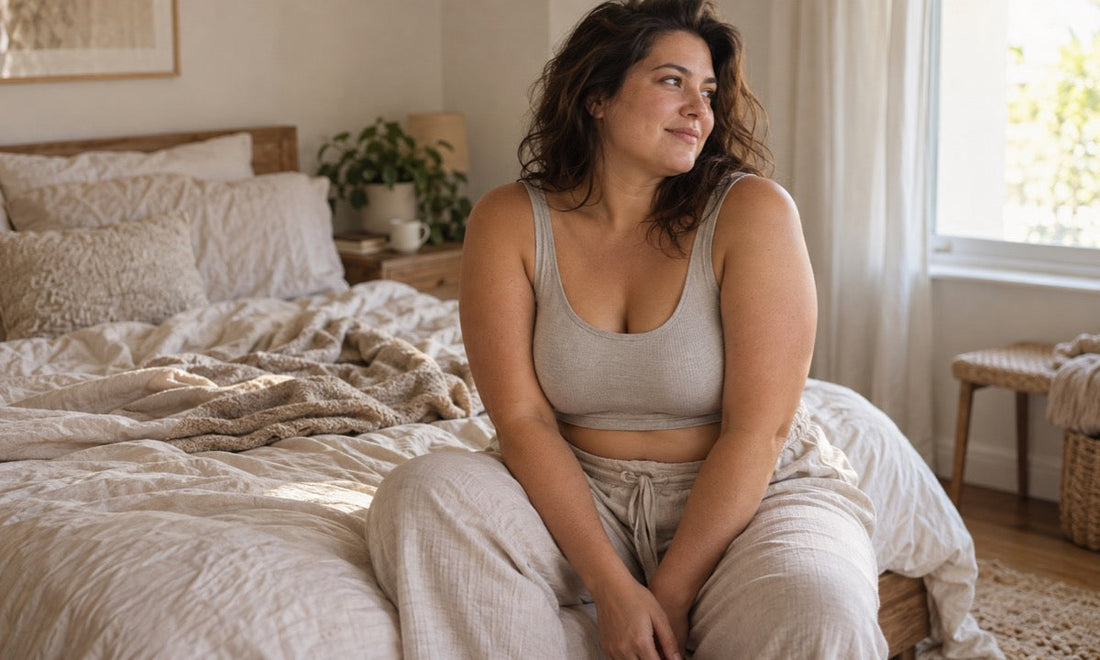 A woman in a soft neutral bralette sitting on the edge of a bed in morning light