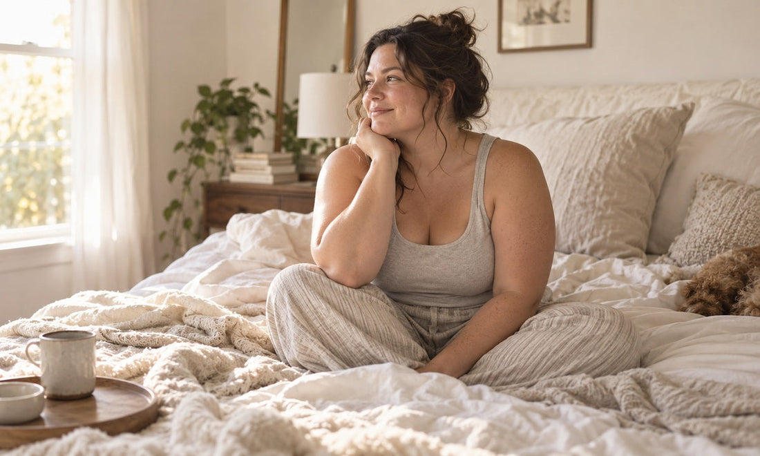 Woman in comfortable loungewear relaxing at home, illustrating a wireless jelly bra fit
