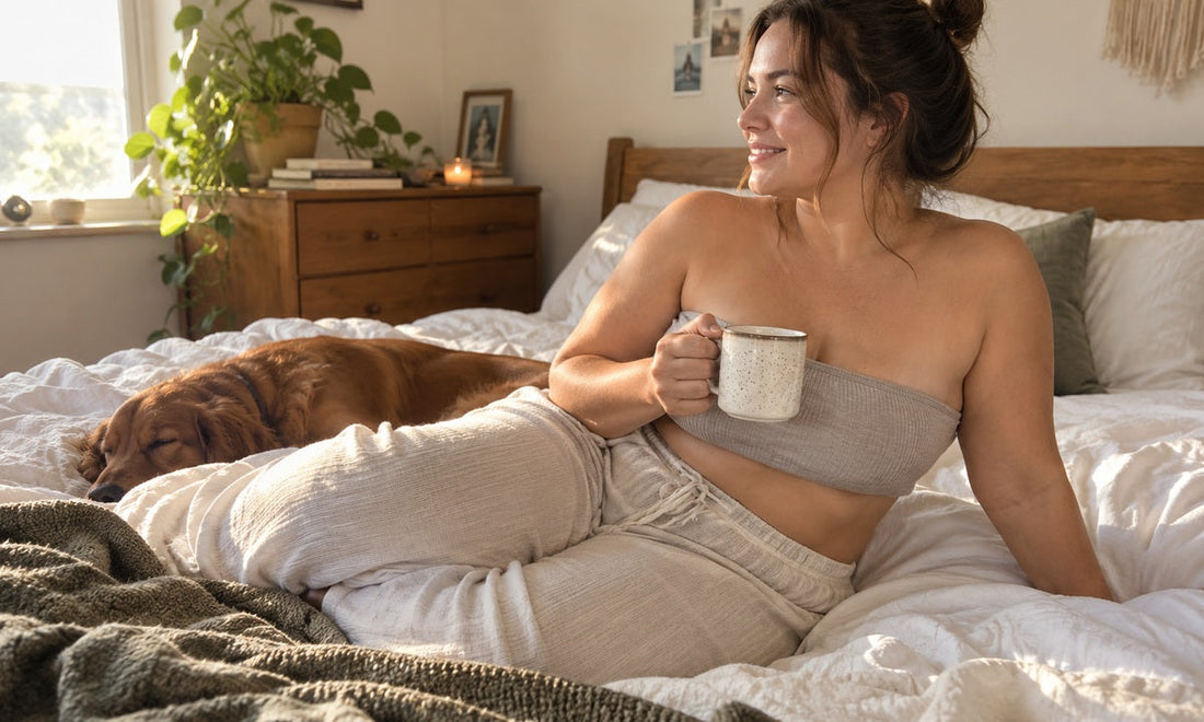 Woman with a fuller figure relaxing on a bed in loungewear and a strapless bandeau top in a warm, sunlit bedroom