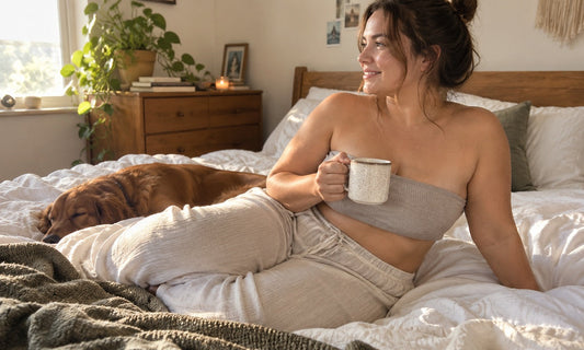 Woman with a fuller figure relaxing on a bed in loungewear and a strapless bandeau top in a warm, sunlit bedroom