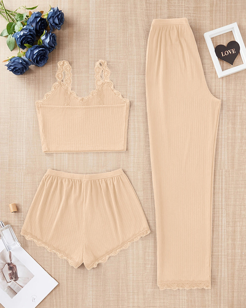 Curvvvy® DreamWear – Knit Lace Trim Camisole Pajama Set (3 Colors) curvvvy