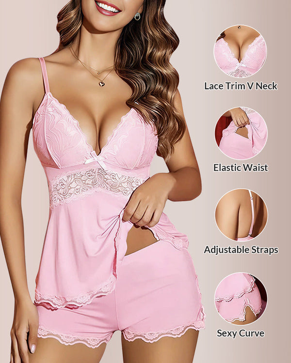 Curvvvy® BlossomLace – Lace-Trim Cami & Shorts Pajama Set curvvvy