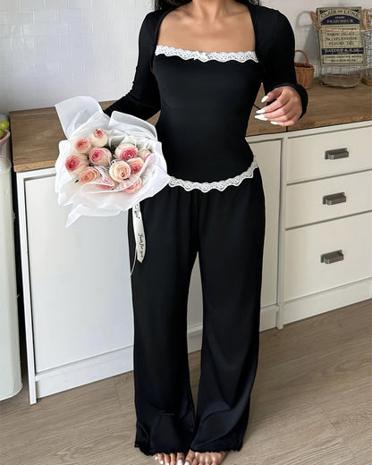 Curvvvy® CozyEase – Black Long-Sleeve Lace-Trim Pajama Set curvvvy