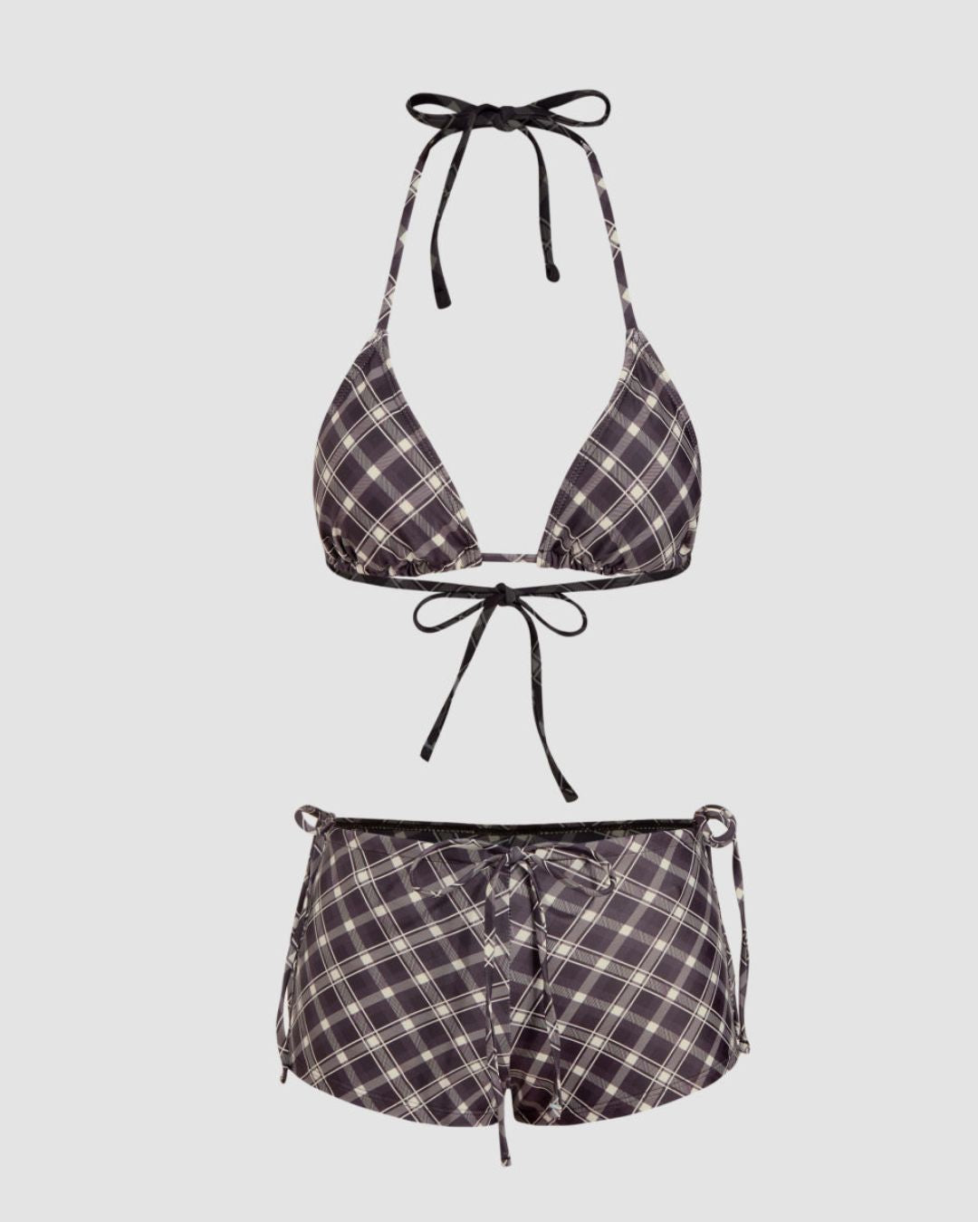 Curvvvy® Halter Neckline Check Knotted Triangle Tieside Bikini Set with Coverup Shorts & Headscarf