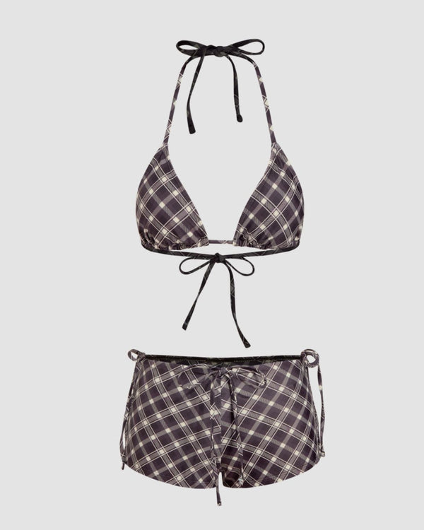 Curvvvy® Halter Neckline Check Knotted Triangle Tieside Bikini Set with Coverup Shorts & Headscarf