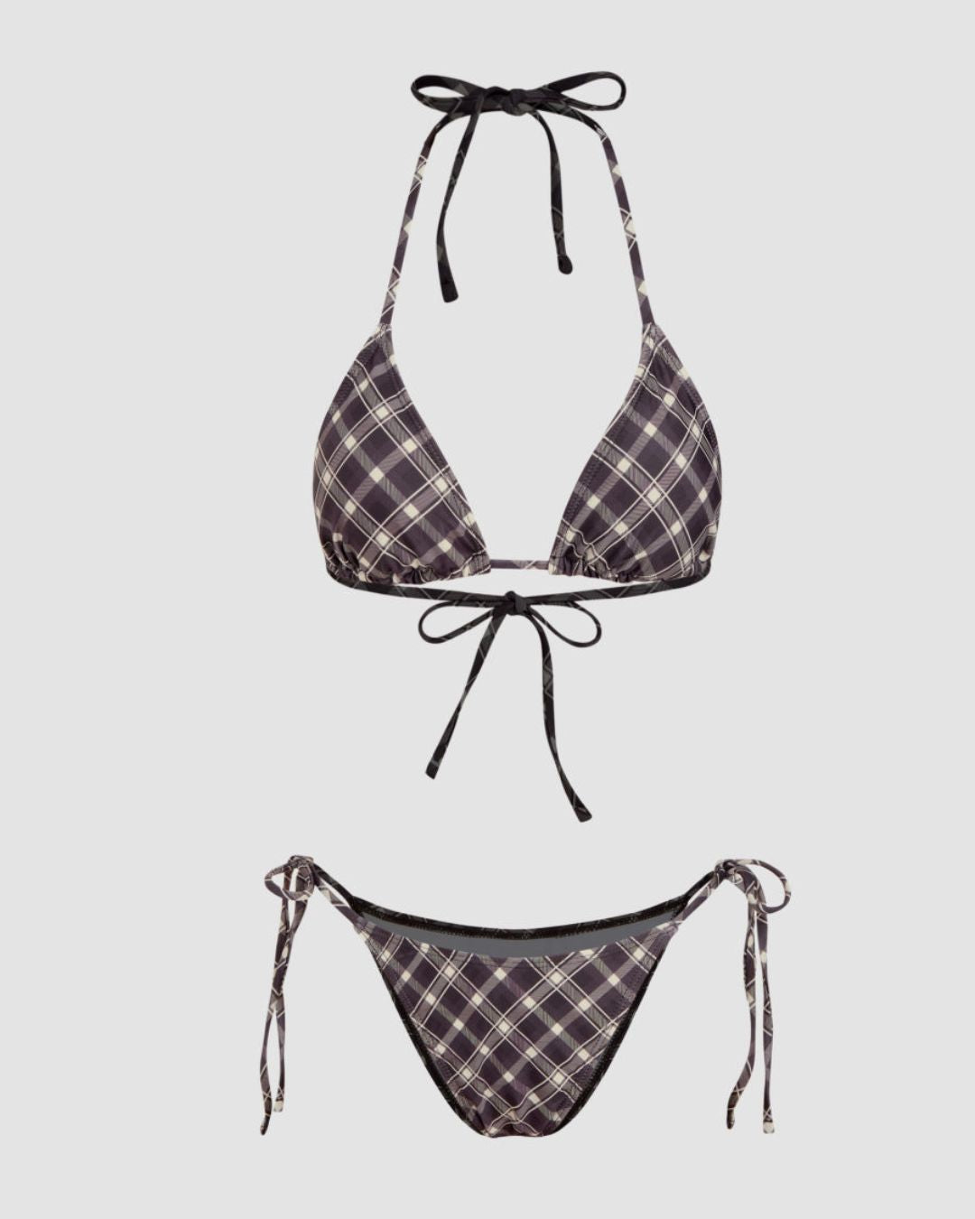 Curvvvy® Halter Neckline Check Knotted Triangle Tieside Bikini Set with Coverup Shorts & Headscarf