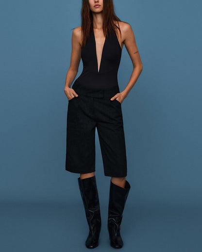 Curvvvy™ Deep Mesh V Halter Backless Top