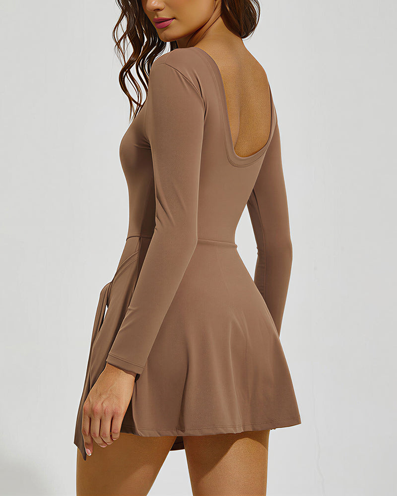 Curvvvy™ Long Sleeve Wrap-Style Athletic Dress With Built-In Shorts