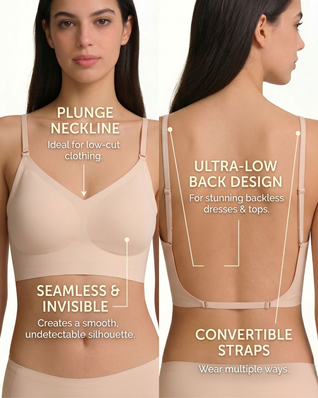 Curvvvy® Soft Triangle Bralette Invisible Low Back with Multiple Tie Styling Options