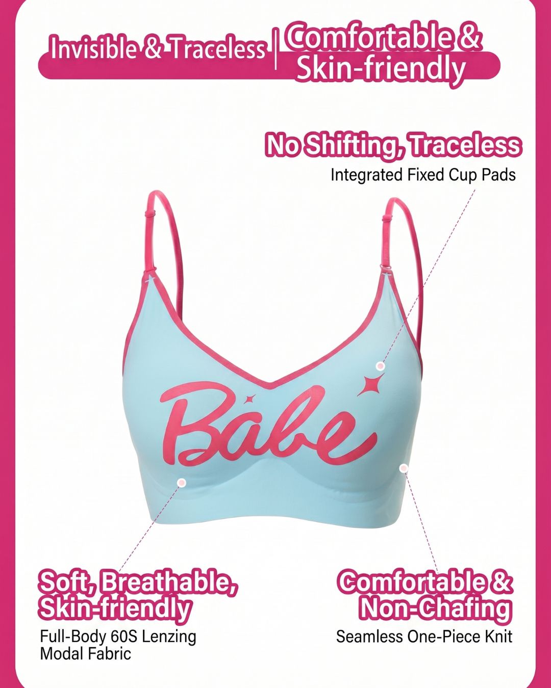 Curvvvy® Y2K Babe Bralette Contrast Trim Crop Top Built-In Support Coastal Vacation Style