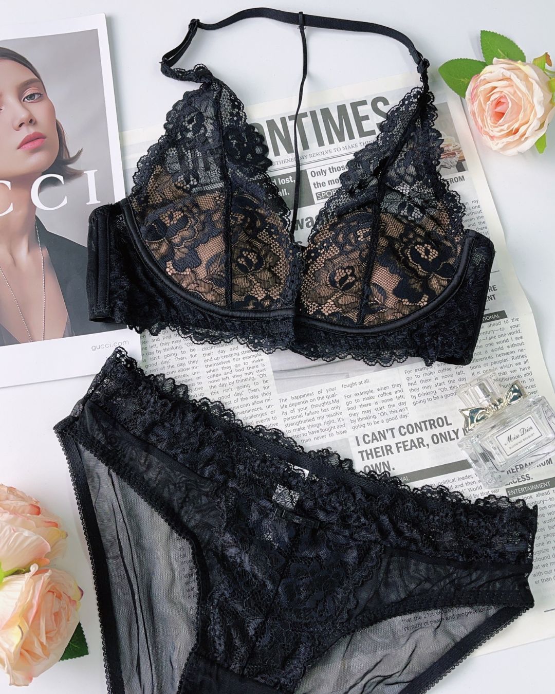 Curvvvy™ Floral Lace Halter Bralette & Cheeky Panties Lingerie Set