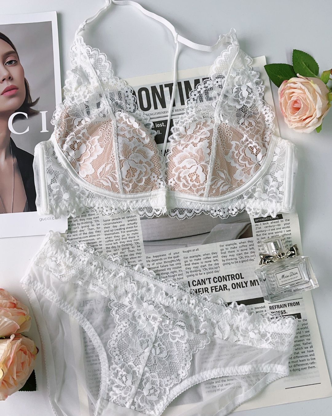 Curvvvy™ Floral Lace Halter Bralette & Cheeky Panties Lingerie Set