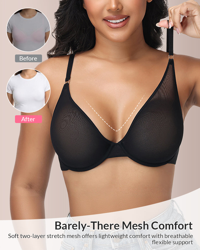 Curvvvy™ Transparenter ungefütterter Plunge-BH aus Mesh mit Bügel