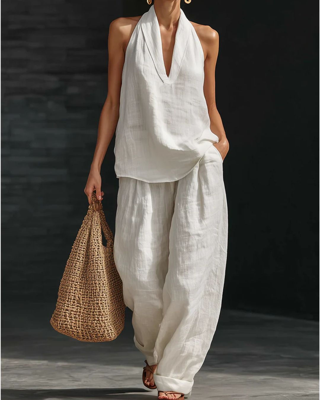 Curvvvy® Summer Linen-Blend Halter V-Neck Top & Wide-Leg Trousers Set