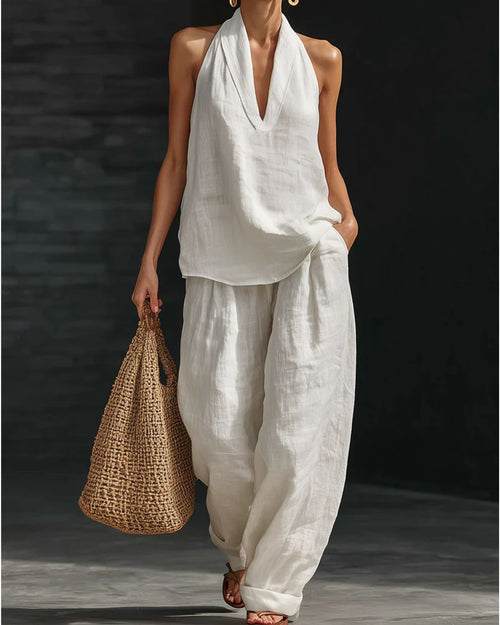 Curvvvy® Summer Linen-Blend Halter V-Neck Top & Wide-Leg Trousers Set