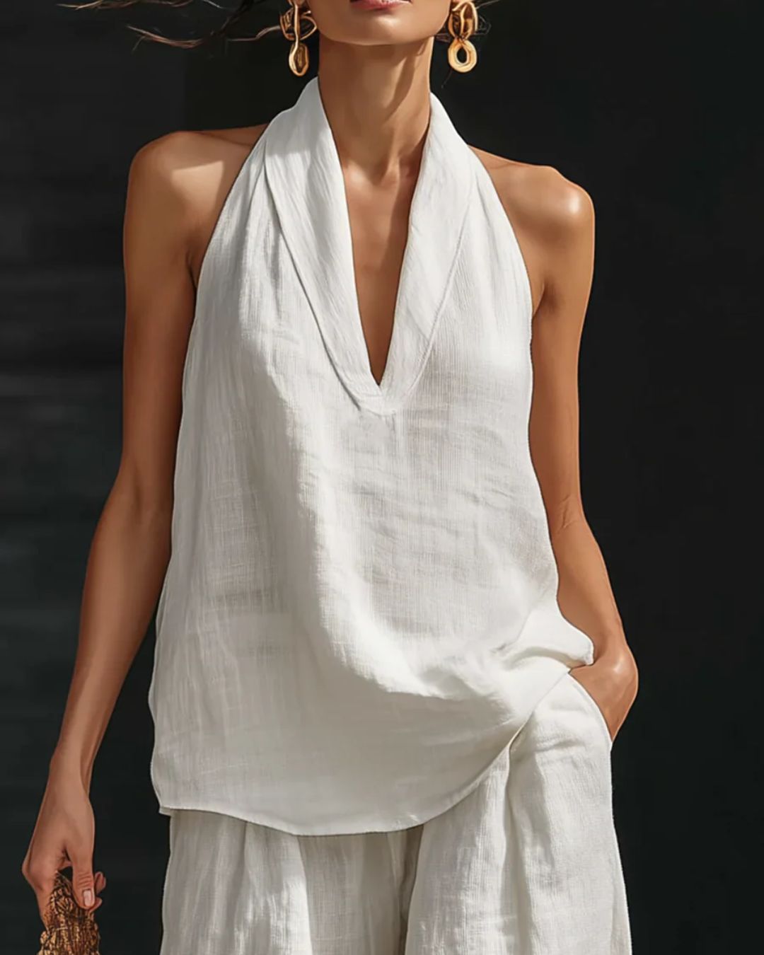 Curvvvy® Summer Linen-Blend Halter V-Neck Top & Wide-Leg Trousers Set