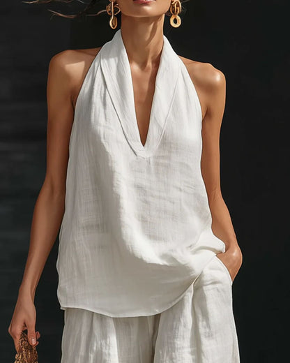 Curvvvy® Summer Linen-Blend Halter V-Neck Top & Wide-Leg Trousers Set