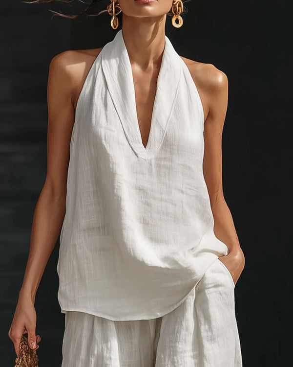 Curvvvy® Summer Linen-Blend Halter V-Neck Top & Wide-Leg Trousers Set