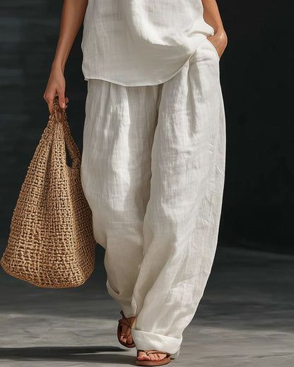 Curvvvy® Summer Linen-Blend Halter V-Neck Top & Wide-Leg Trousers Set