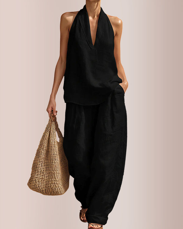 Curvvvy® Summer Linen-Blend Halter V-Neck Top & Wide-Leg Trousers Set