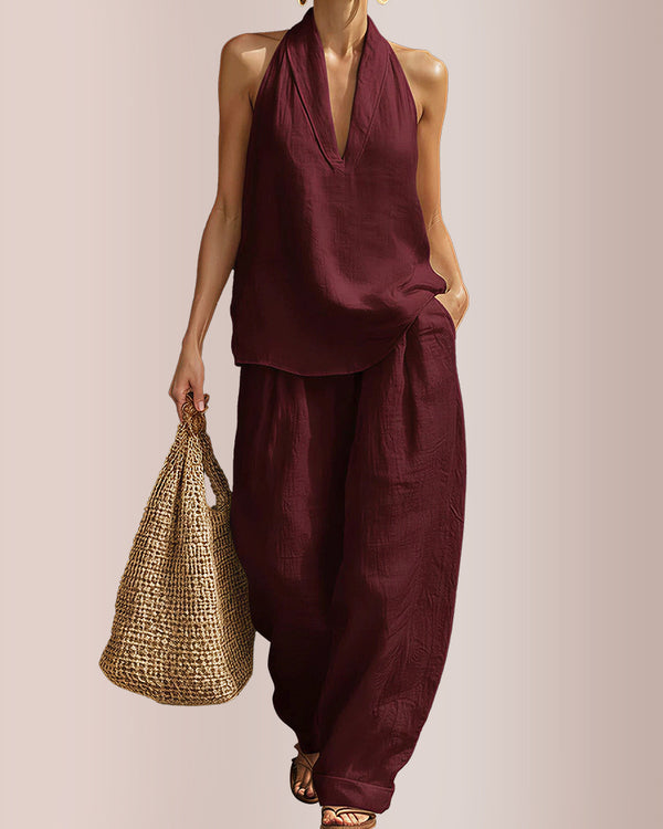 Curvvvy® Summer Linen-Blend Halter V-Neck Top & Wide-Leg Trousers Set