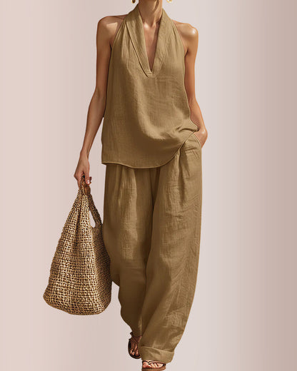 Curvvvy® Summer Linen-Blend Halter V-Neck Top & Wide-Leg Trousers Set