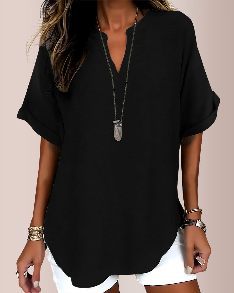 Curvvvy® Women's Casual Notch V-Neck Rolled Sleeve Top