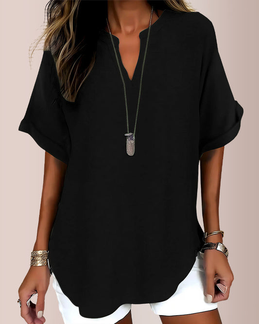 Curvvvy® Women's Casual Notch V-Neck Rolled Sleeve Top