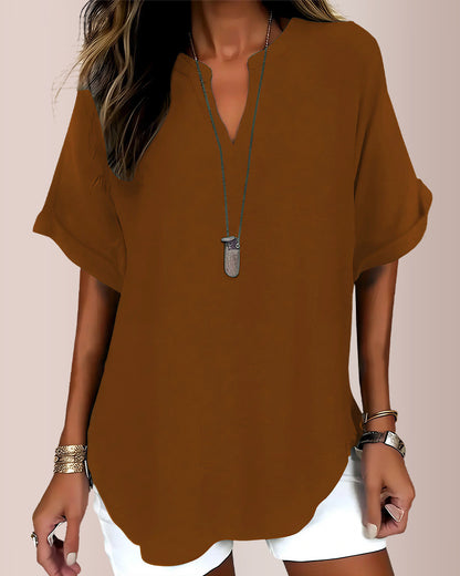Curvvvy® Women's Casual Notch V-Neck Rolled Sleeve Top