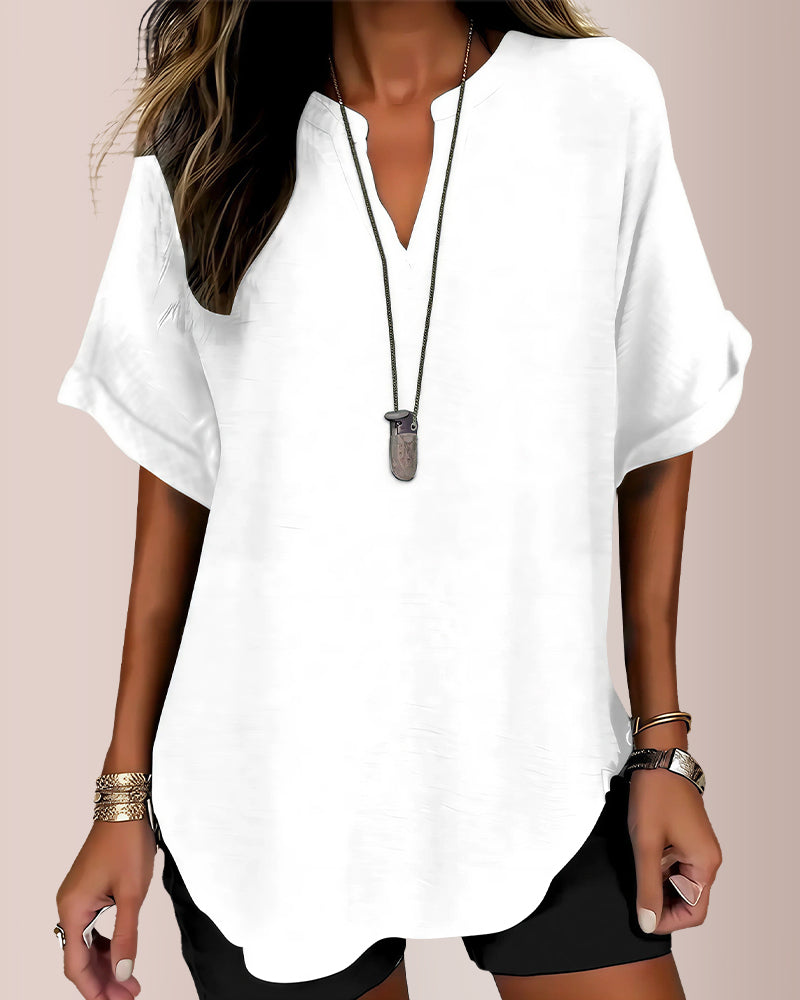 Curvvvy® Women's Casual Notch V-Neck Rolled Sleeve Top