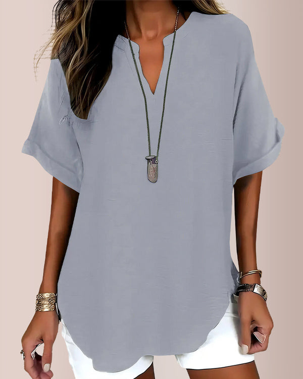 Curvvvy® Women's Casual Notch V-Neck Rolled Sleeve Top