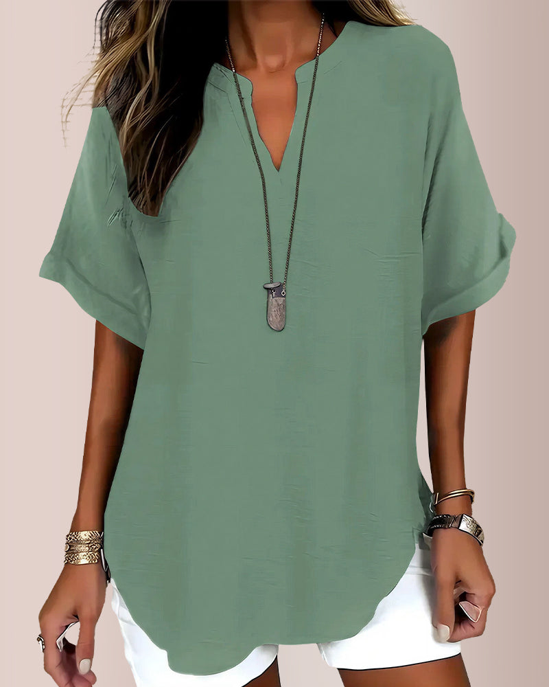 Curvvvy® Women's Casual Notch V-Neck Rolled Sleeve Top