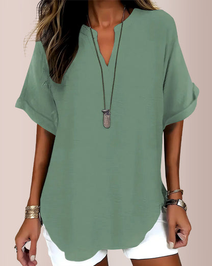 Curvvvy® Women's Casual Notch V-Neck Rolled Sleeve Top