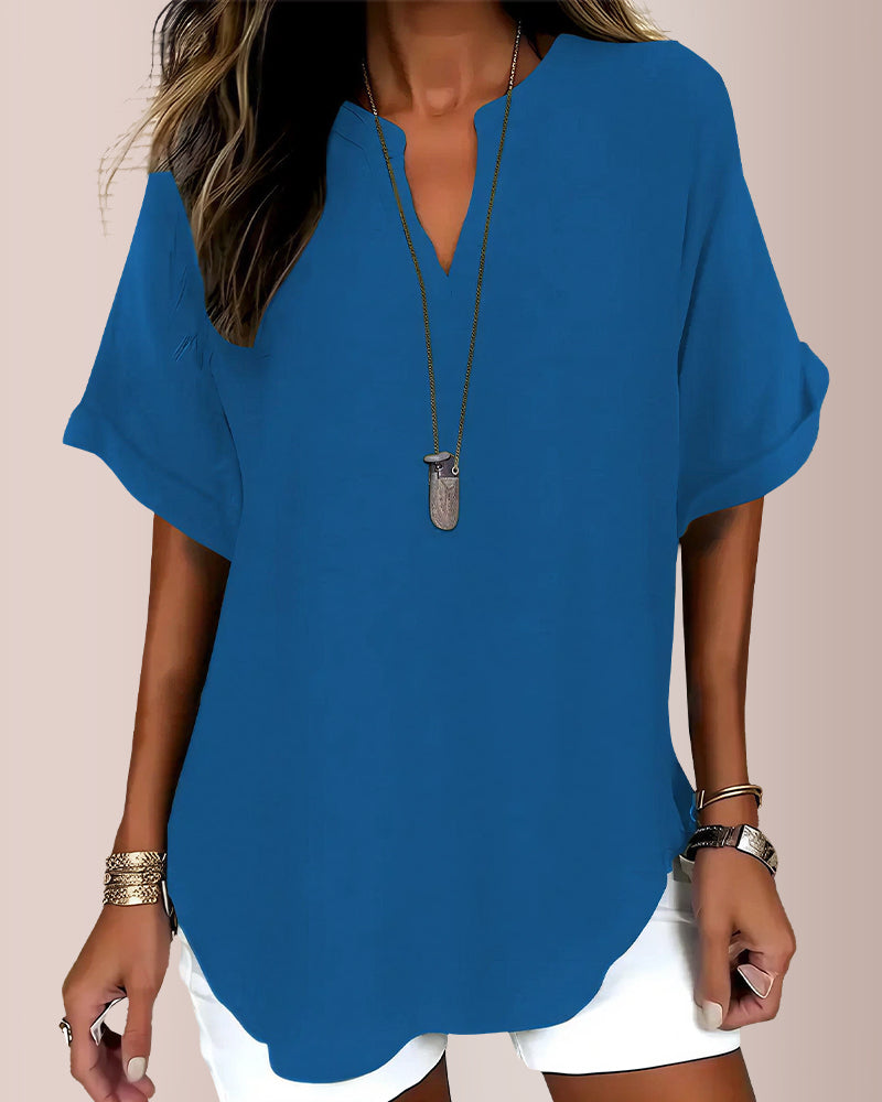 Curvvvy® Women's Casual Notch V-Neck Rolled Sleeve Top