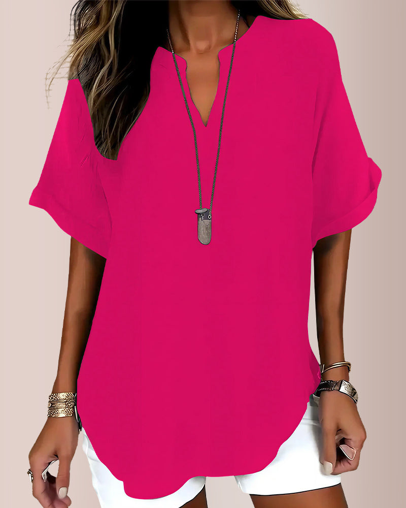 Curvvvy® Women's Casual Notch V-Neck Rolled Sleeve Top