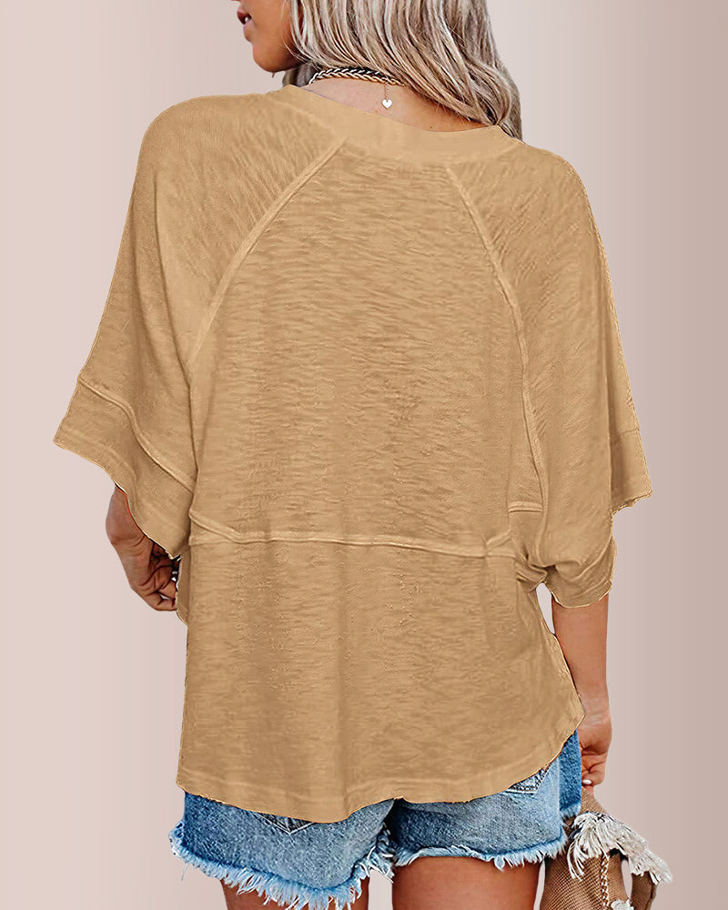 Curvvvy® Loose Crew Neck Half Flare Sleeve Spliced T-Shirt