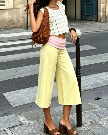 Curvvvy™ Contrast Fold-Over Waist Wide Leg Capri Pants