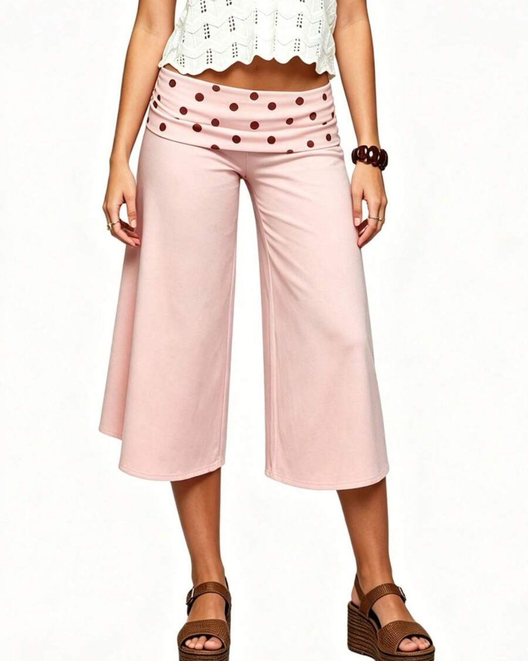 Curvvvy™ Contrast Fold-Over Waist Wide Leg Capri Pants