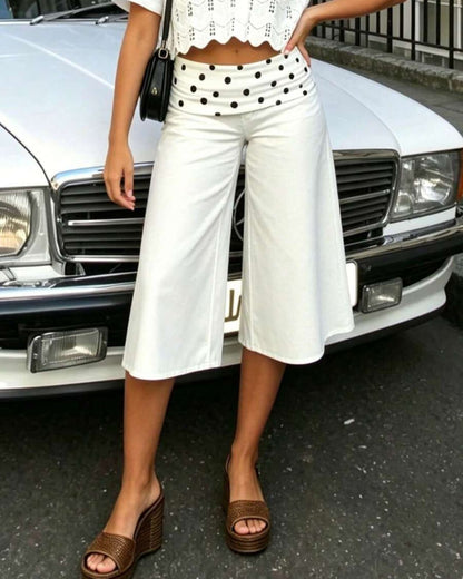Curvvvy™ Contrast Fold-Over Waist Wide Leg Capri Pants
