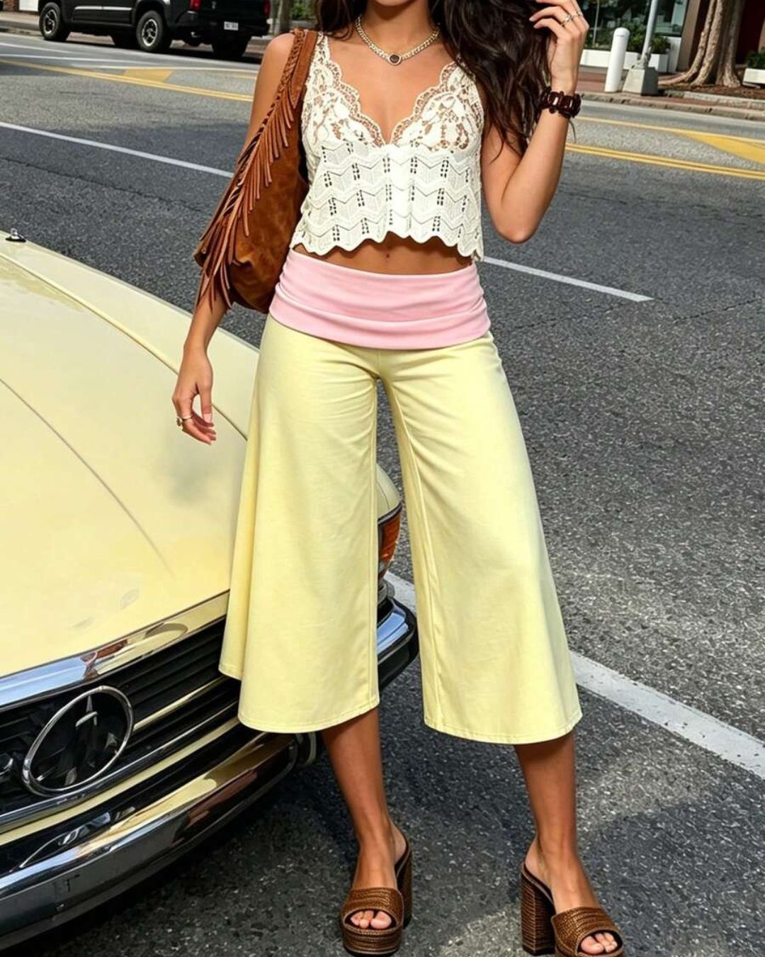 Curvvvy™ Contrast Fold-Over Waist Wide Leg Capri Pants