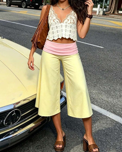 Curvvvy™ Contrast Fold-Over Waist Wide Leg Capri Pants