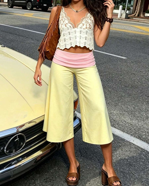 Curvvvy™ Contrast Fold-Over Waist Wide Leg Capri Pants