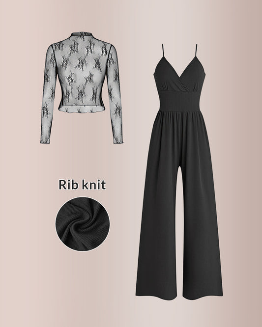 Curvvvy® Women’s Lace Tee & Cami Jumpsuit Two-Piece Set